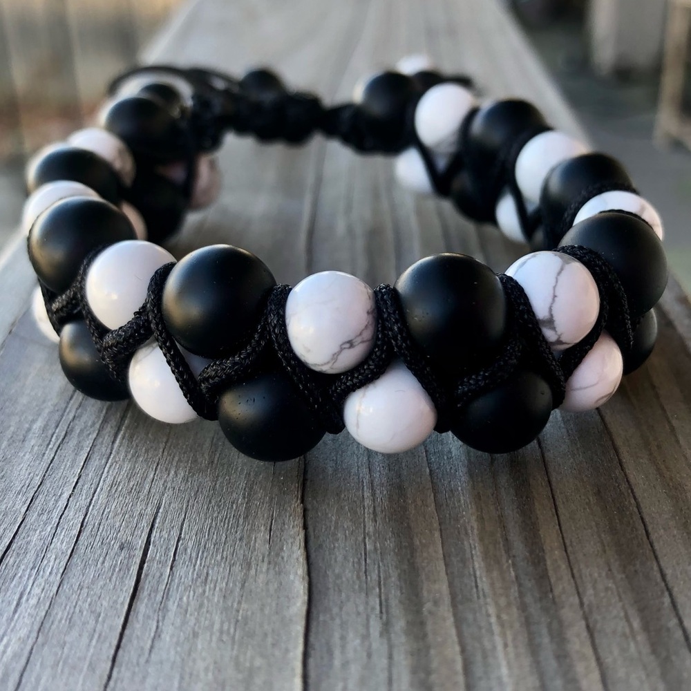 Double Layer Black Onyx Howlite Adjustable Bracelet - Macrame Knotted - Unisex
